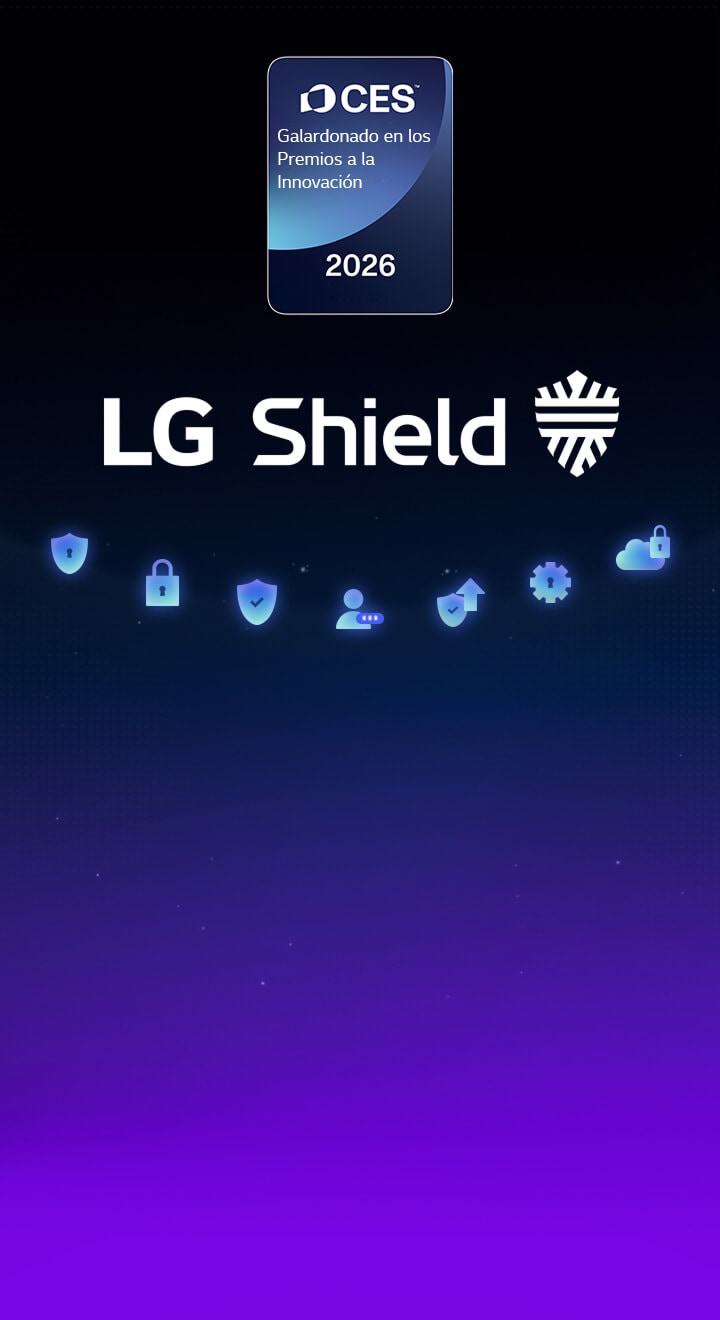 El emblema LG Shield se muestra sobre un fondo oscuro con iconos de seguridad, destacando la protección de webOS para la privacidad, la seguridad de los datos y la integridad del sistema. También se muestra una insignia de homenajeado de los Premios a la Innovación CES 2026.